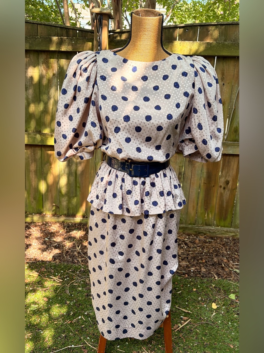 Vintage 80s Connections Jackie Taub Polka Dot Puff Sleeve Peplum Midi Dress USA
